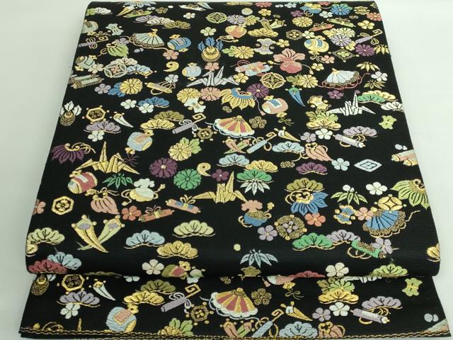 平和屋本店●極上 西陣の老舗 1782年創業 山下織物 六通柄袋帯 唐織 宝尽くし小袖 黒地 金糸 逸品 DZAA6151kh5
