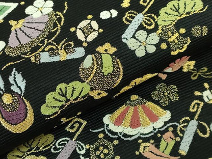 平和屋本店●極上 西陣の老舗 1782年創業 山下織物 六通柄袋帯 唐織 宝尽くし小袖 黒地 金糸 逸品 DZAA6151kh5