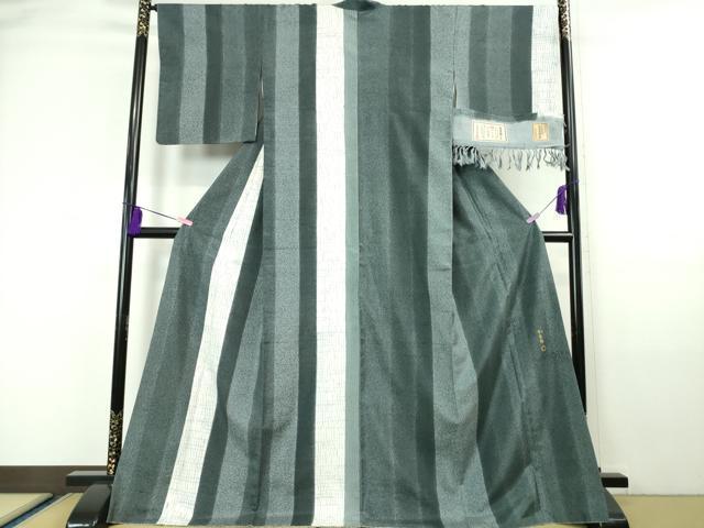平和屋本店■極上　石川県指定無形文化財　牛首紬　白山工房　手織り　訪問着　杢目しぼり　縞　証紙付き　逸品　DZAA6162kh5