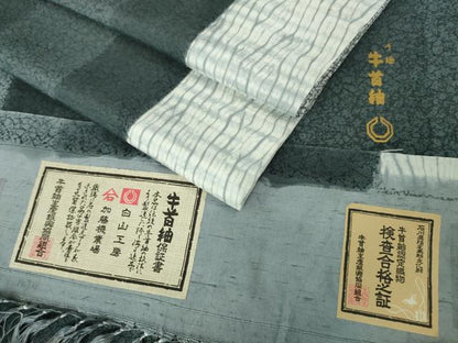 平和屋本店■極上　石川県指定無形文化財　牛首紬　白山工房　手織り　訪問着　杢目しぼり　縞　証紙付き　逸品　DZAA6162kh5