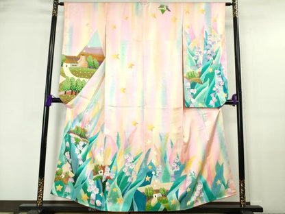 平和屋本店∵極上 女の子 十三参り 子供 祝着 メルヘン 風景花文 鈴蘭 暈し染め 金彩 逸品 未使用 DZAA6171kh5