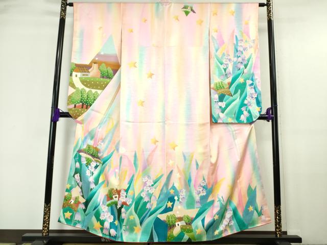 平和屋本店∵極上 女の子 十三参り 子供 祝着 メルヘン 風景花文 鈴蘭 暈し染め 金彩 逸品 未使用 DZAA6171kh5