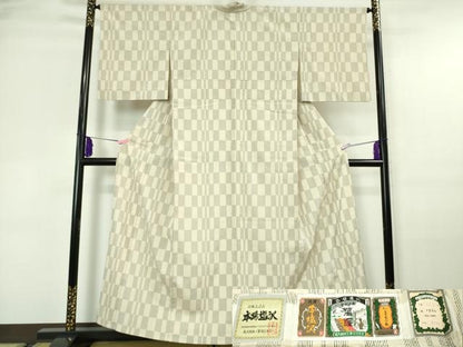 平和屋着物▽極上 本塩沢 単衣 市松文様 証紙付き 逸品 DZAA6174kh6