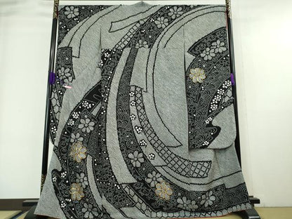 平和屋本店■極上　振袖・長襦袢・袋帯　3点セット　駒刺繍　鬘帯花文　黒地　三越扱い　逸品　DZAA6202kh5