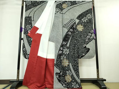 平和屋本店■極上　振袖・長襦袢・袋帯　3点セット　駒刺繍　鬘帯花文　黒地　三越扱い　逸品　DZAA6202kh5