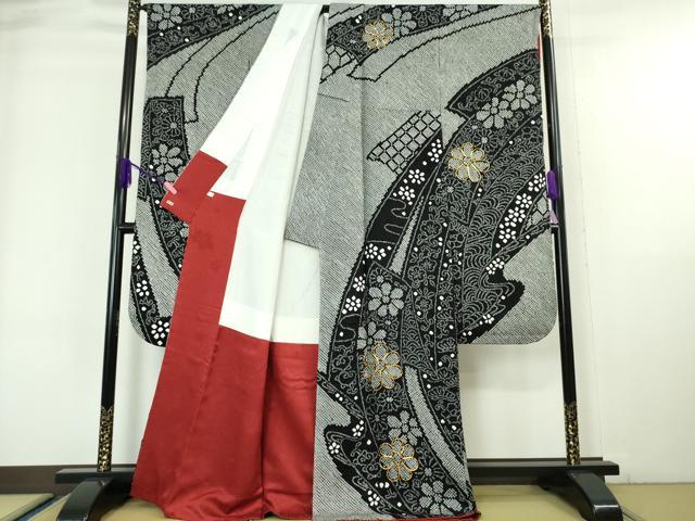 平和屋本店■極上　振袖・長襦袢・袋帯　3点セット　駒刺繍　鬘帯花文　黒地　三越扱い　逸品　DZAA6202kh5