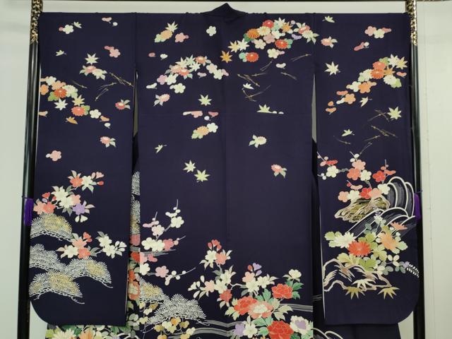 平和屋本店■極上　創業460年・千總　振袖　駒刺繍　立波花松文　鉄紺色地　金彩　松坂屋扱い　逸品　DZAA6222kh5