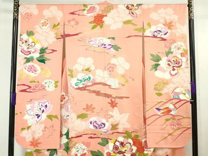 平和屋本店■極上　創業460年・千總　振袖・長襦袢(袷)セット　駒刺繍　絞り　鴛鴦花文　一斤染色地　金彩　逸品　DZAA6246kh5