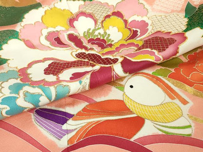 平和屋本店■極上　創業460年・千總　振袖・長襦袢(袷)セット　駒刺繍　絞り　鴛鴦花文　一斤染色地　金彩　逸品　DZAA6246kh5