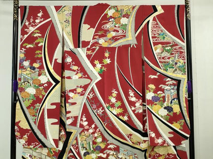 平和屋本店■極上　創業460年・千總　振袖　駒刺繍　鴛鴦御所車吉祥花文　緋色地　金彩　大丸扱い　逸品　DZAA6249kh5