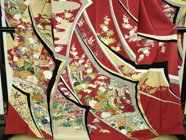 平和屋本店■極上　創業460年・千總　振袖　駒刺繍　鴛鴦御所車吉祥花文　緋色地　金彩　大丸扱い　逸品　DZAA6249kh5