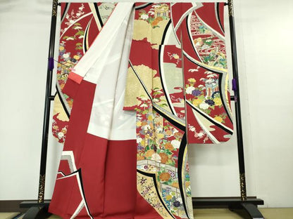 平和屋本店■極上　創業460年・千總　振袖　駒刺繍　鴛鴦御所車吉祥花文　緋色地　金彩　大丸扱い　逸品　DZAA6249kh5