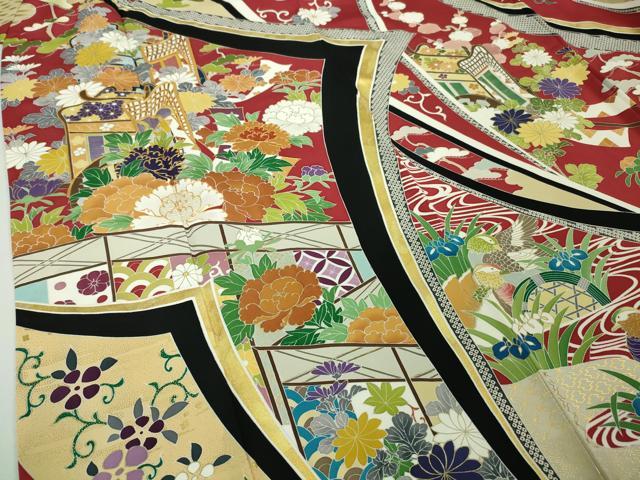 平和屋本店■極上　創業460年・千總　振袖　駒刺繍　鴛鴦御所車吉祥花文　緋色地　金彩　大丸扱い　逸品　DZAA6249kh5