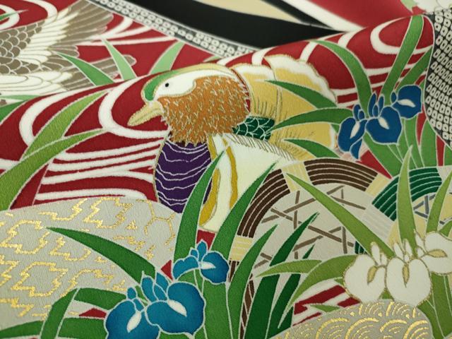 平和屋本店■極上　創業460年・千總　振袖　駒刺繍　鴛鴦御所車吉祥花文　緋色地　金彩　大丸扱い　逸品　DZAA6249kh5