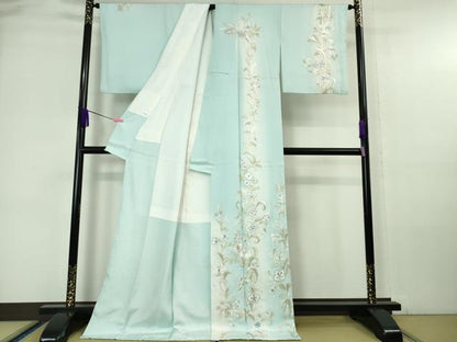 平和屋本店■極上　中国三大刺繍　相良刺繍　総手刺繍　訪問着　花唐草文　白藍色地　暈し染め　銀糸　ロング丈　逸品　DZAA6335kh5