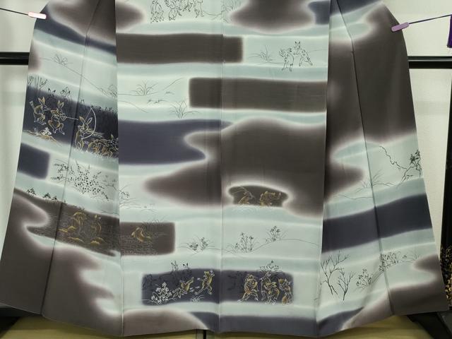 平和屋本店■極上　訪問着　紬地　手描き　鳥獣戯画　暈し染め　金彩　逸品　DZAA6340kh5