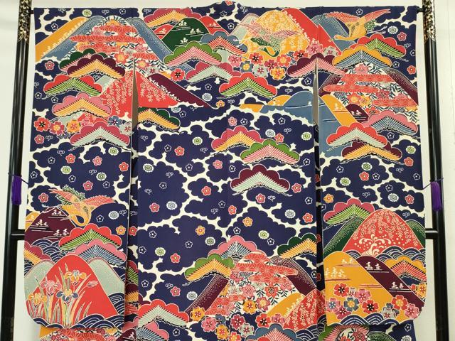 平和屋本店■極上　和染紅型　栗山紅型　栗山吉三郎　振袖　飛鶴吉祥花松文　鬼しぼ縮緬　逸品　DZAA6372kh5