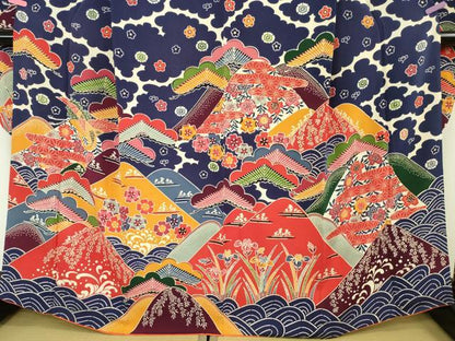 平和屋本店■極上　和染紅型　栗山紅型　栗山吉三郎　振袖　飛鶴吉祥花松文　鬼しぼ縮緬　逸品　DZAA6372kh5