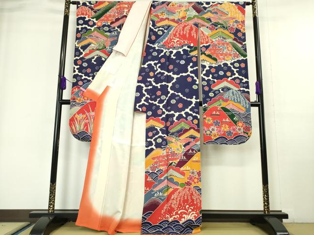 平和屋本店■極上　和染紅型　栗山紅型　栗山吉三郎　振袖　飛鶴吉祥花松文　鬼しぼ縮緬　逸品　DZAA6372kh5