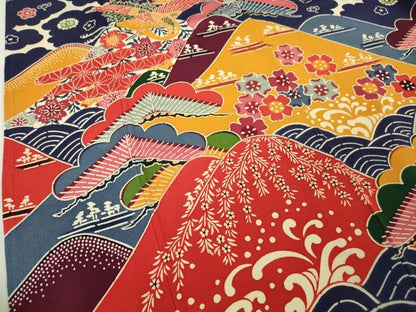 平和屋本店■極上　和染紅型　栗山紅型　栗山吉三郎　振袖　飛鶴吉祥花松文　鬼しぼ縮緬　逸品　DZAA6372kh5