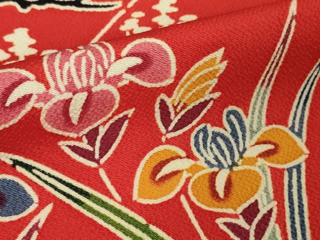 平和屋本店■極上　和染紅型　栗山紅型　栗山吉三郎　振袖　飛鶴吉祥花松文　鬼しぼ縮緬　逸品　DZAA6372kh5