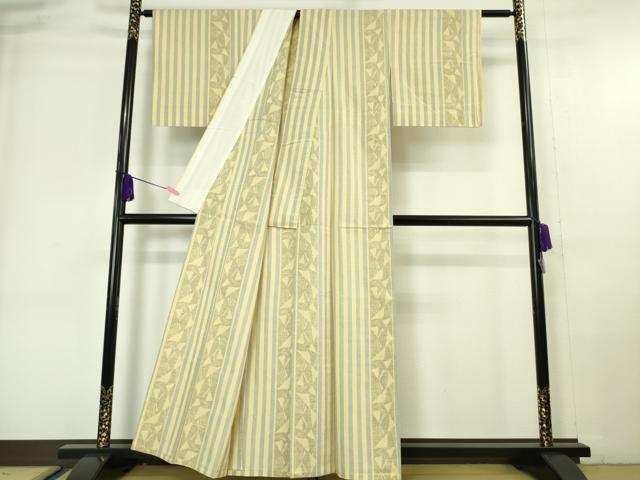 平和屋本店■極上　本場結城紬　重要無形文化財　単衣　100亀甲　縞　女郎花色地　逸品　DZAA6376kh5