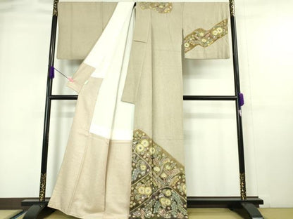 平和屋本店●極上 樋熊哲也 訪問着 辻が花 絞り 手描き 亜麻色地 暈し染め 金通し地 逸品 未使用 DZAA6380kh5