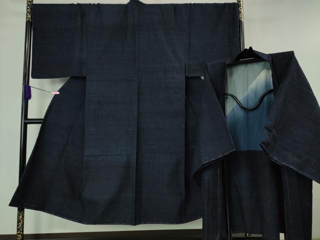 平和屋本店■極上　男性　結城紬　アンサンブル　キングサイズ　杢　色無地　濃紺地　大丸扱い　逸品　未使用　DZAA6392kh5