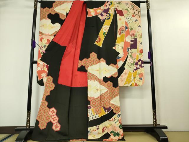 平和屋本店■極上　アンティーク 大正ロマン　振袖・長襦袢(袷・半衿刺繍)セット　駒刺繍　束ね熨斗飛鶴文　黒地　金彩　逸品　DZAA6427kh5