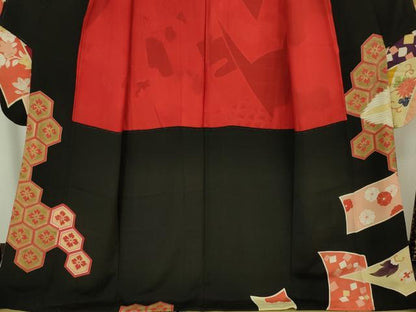 平和屋本店■極上　アンティーク 大正ロマン　振袖・長襦袢(袷・半衿刺繍)セット　駒刺繍　束ね熨斗飛鶴文　黒地　金彩　逸品　DZAA6427kh5