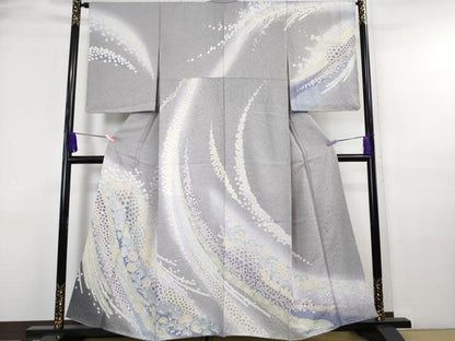平和屋本店■極上　中国三大刺繍 相良刺繍　訪問着　おぼろ染　襲絞り　舞花文　暈し染め　銀通し地　反端付き　逸品　未使用　DZAA6449kh5