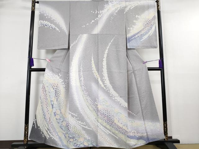 平和屋本店■極上　中国三大刺繍 相良刺繍　訪問着　おぼろ染　襲絞り　舞花文　暈し染め　銀通し地　反端付き　逸品　未使用　DZAA6449kh5