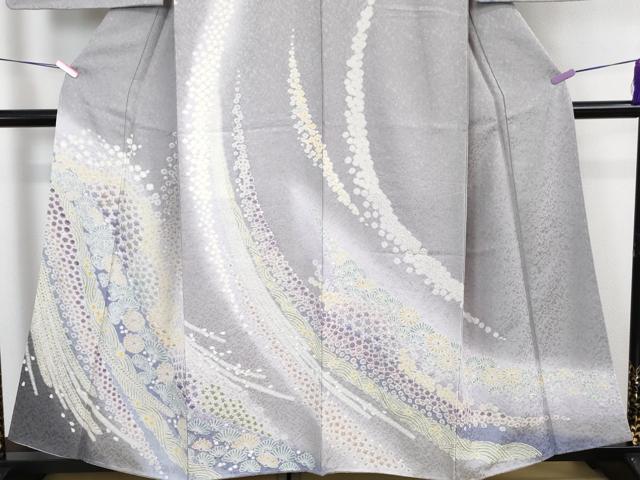 平和屋本店■極上　中国三大刺繍 相良刺繍　訪問着　おぼろ染　襲絞り　舞花文　暈し染め　銀通し地　反端付き　逸品　未使用　DZAA6449kh5