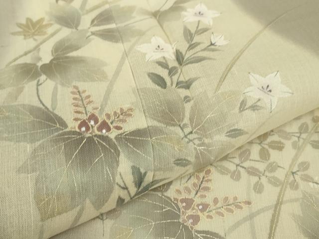 平和屋本店＊極上 夏物 訪問着 紗紬 手描き 秋草 楓 鴇鼠色地 金彩 逸品 未使用 DZAA6561kh5