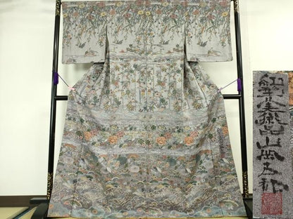 平和屋本店■極上　 山岡古都・古都染人　染織美術品　薬墨染　天目織　訪問着　お召地　紅型　風景花鳥文　逸品　未使用　DZAA6564kh5