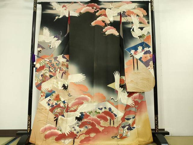 平和屋本店■極上　アンティーク　大正ロマン　振袖　相良刺繍　飛鶴吉祥花文　黒地　暈し染め　金銀糸　逸品　DZAA6587kh5