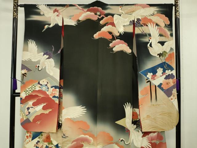平和屋本店■極上　アンティーク　大正ロマン　振袖　相良刺繍　飛鶴吉祥花文　黒地　暈し染め　金銀糸　逸品　DZAA6587kh5