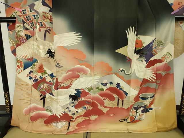 平和屋本店■極上　アンティーク　大正ロマン　振袖　相良刺繍　飛鶴吉祥花文　黒地　暈し染め　金銀糸　逸品　DZAA6587kh5