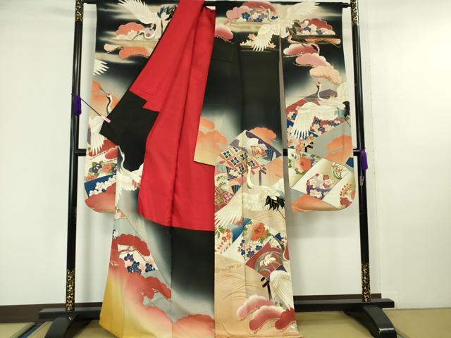 平和屋本店■極上　アンティーク　大正ロマン　振袖　相良刺繍　飛鶴吉祥花文　黒地　暈し染め　金銀糸　逸品　DZAA6587kh5