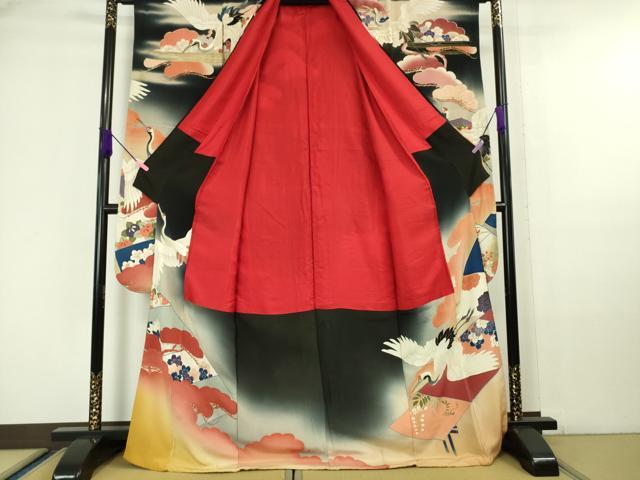 平和屋本店■極上　アンティーク　大正ロマン　振袖　相良刺繍　飛鶴吉祥花文　黒地　暈し染め　金銀糸　逸品　DZAA6587kh5