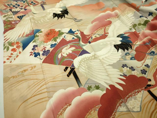 平和屋本店■極上　アンティーク　大正ロマン　振袖　相良刺繍　飛鶴吉祥花文　黒地　暈し染め　金銀糸　逸品　DZAA6587kh5
