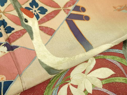 平和屋本店■極上　アンティーク　大正ロマン　振袖　相良刺繍　飛鶴吉祥花文　黒地　暈し染め　金銀糸　逸品　DZAA6587kh5