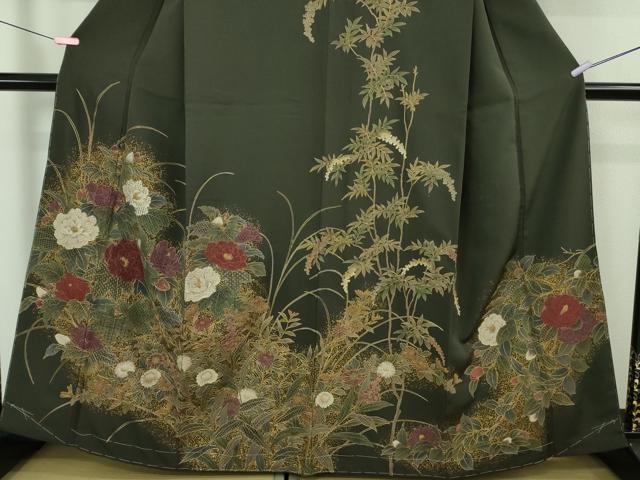 平和屋本店●極上　中国三大刺繍　スワトウ刺繍　汕頭刺繍　相良刺繍　訪問着　草花文　千歳茶色地　金彩　逸品　未使用　DZAA6598kh5