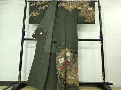 平和屋本店●極上　中国三大刺繍　スワトウ刺繍　汕頭刺繍　相良刺繍　訪問着　草花文　千歳茶色地　金彩　逸品　未使用　DZAA6598kh5
