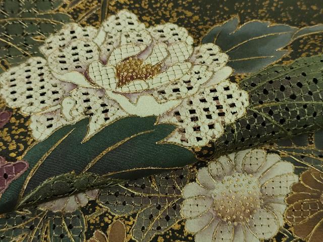 平和屋本店●極上　中国三大刺繍　スワトウ刺繍　汕頭刺繍　相良刺繍　訪問着　草花文　千歳茶色地　金彩　逸品　未使用　DZAA6598kh5