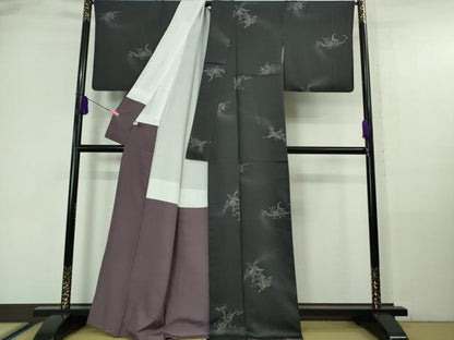 平和屋本店●極上 小紋 鳳凰 銀彩 青褐色地 逸品 DZAA6599kh5