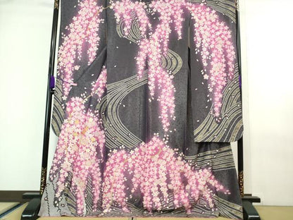 平和屋本店■極上 振袖・長襦袢(無双仕立て・半衿刺繍)・袋帯 3点セット　駒刺繍　枝垂れ桜　暈し染め　金彩　銀通し地　逸品　DZAA6608kh5