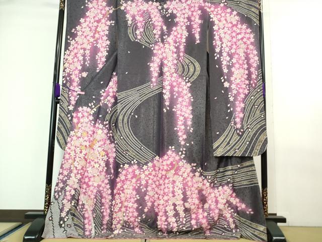 平和屋本店■極上 振袖・長襦袢(無双仕立て・半衿刺繍)・袋帯 3点セット　駒刺繍　枝垂れ桜　暈し染め　金彩　銀通し地　逸品　DZAA6608kh5