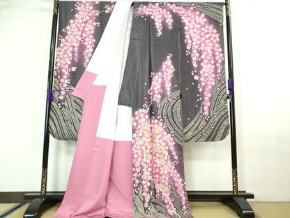 平和屋本店■極上 振袖・長襦袢(無双仕立て・半衿刺繍)・袋帯 3点セット　駒刺繍　枝垂れ桜　暈し染め　金彩　銀通し地　逸品　DZAA6608kh5