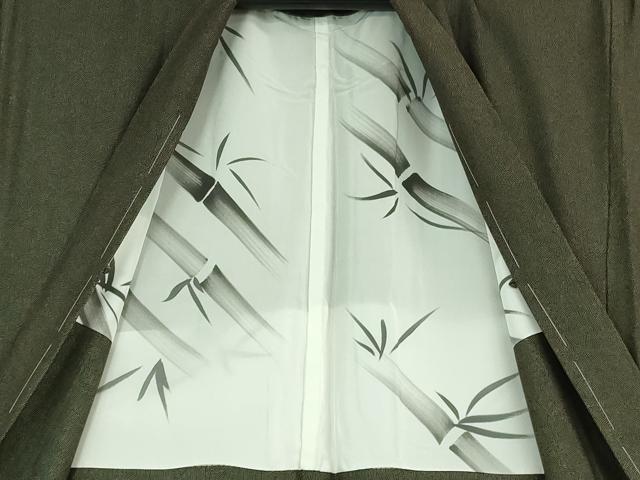 平和屋本店■極上　男性　長羽織　お召地　鮫小紋柄　黒×榛色　羽裏・笹竹　逸品　未使用　DZAA6630kh5
